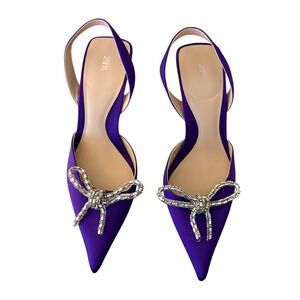 NEW ZARA Purple Satin Size 39 Slingback Kitten Heel Rhinestone Bow
